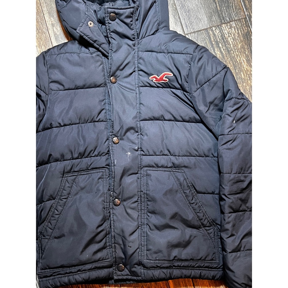 Hollister Mens Black Medium Puffer Jacket Hood Logo Winter Coat Y2K FLAW* - Picture 3 of 11